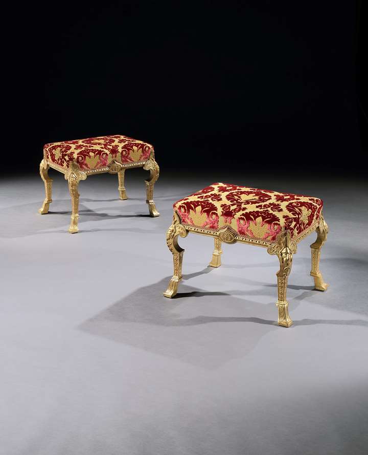 A PAIR OF GEORGE I GESSO STOOLS ATTRIBUTED TO JAMES MOORE